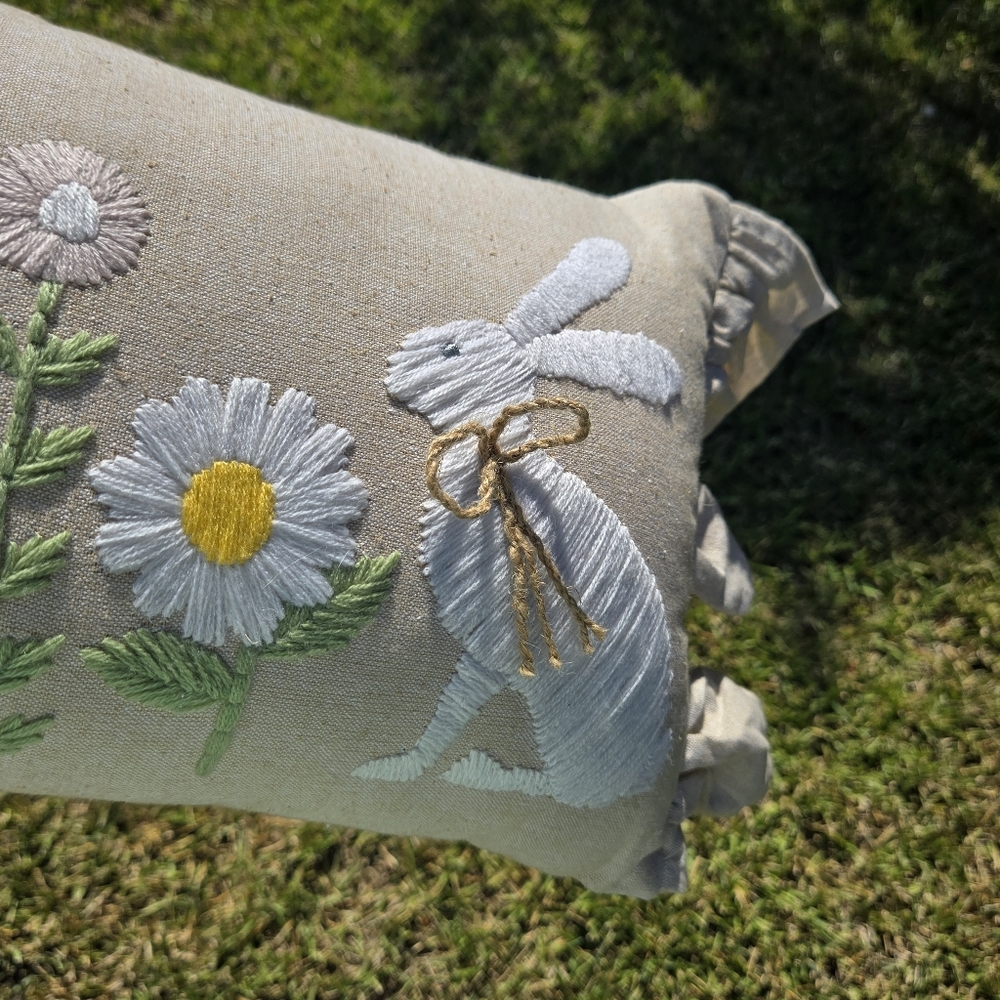 Embroidered Easter Bunny Pillow long lumbar style pillow Spring Accent Pillow - Picture 10 of 10